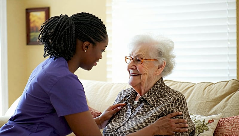 HeartWell Home Care caregiver assisting a senior at home HeartWell Home Care caregiver assisting a senior at home